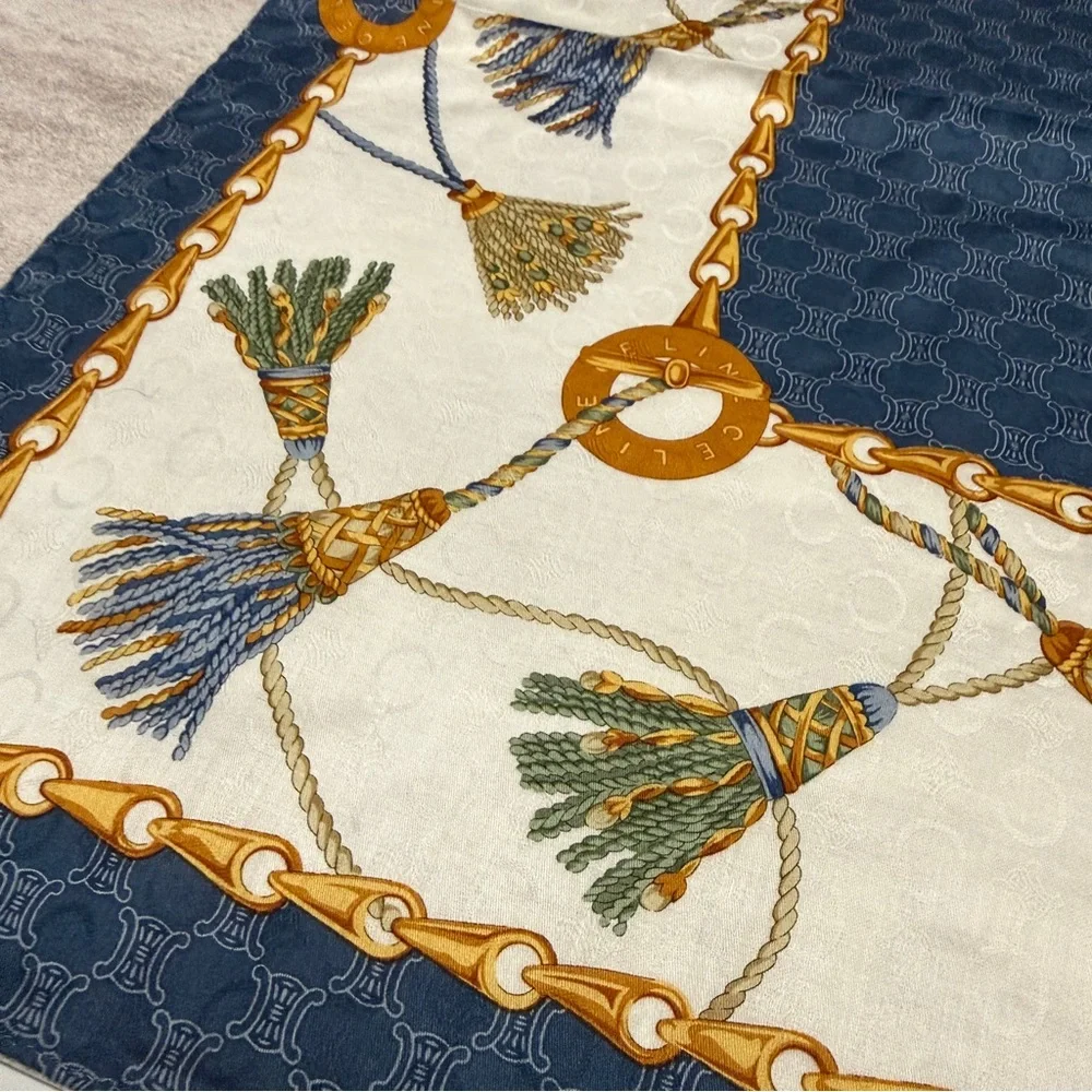 Celine Navy and Gold Chain Pattern Scarf - Picture 2 of 7